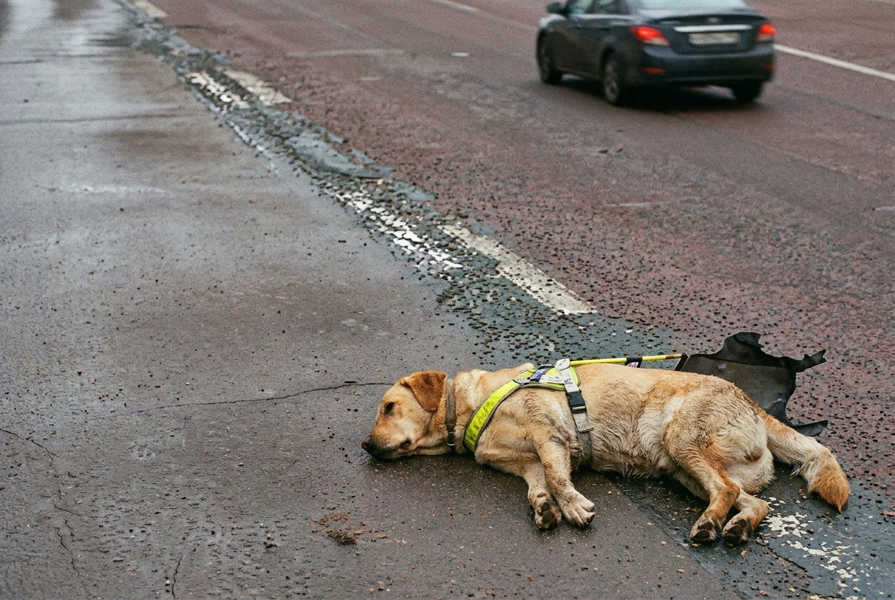 Scout the guide dog lying injured on the road